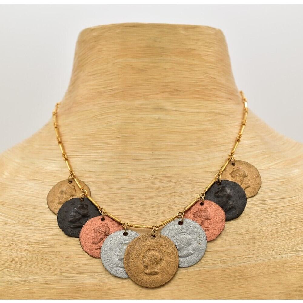 Vintage Coin Collar Necklace Multi-Tone Metal Dangle Silver Copper Gold BinA17